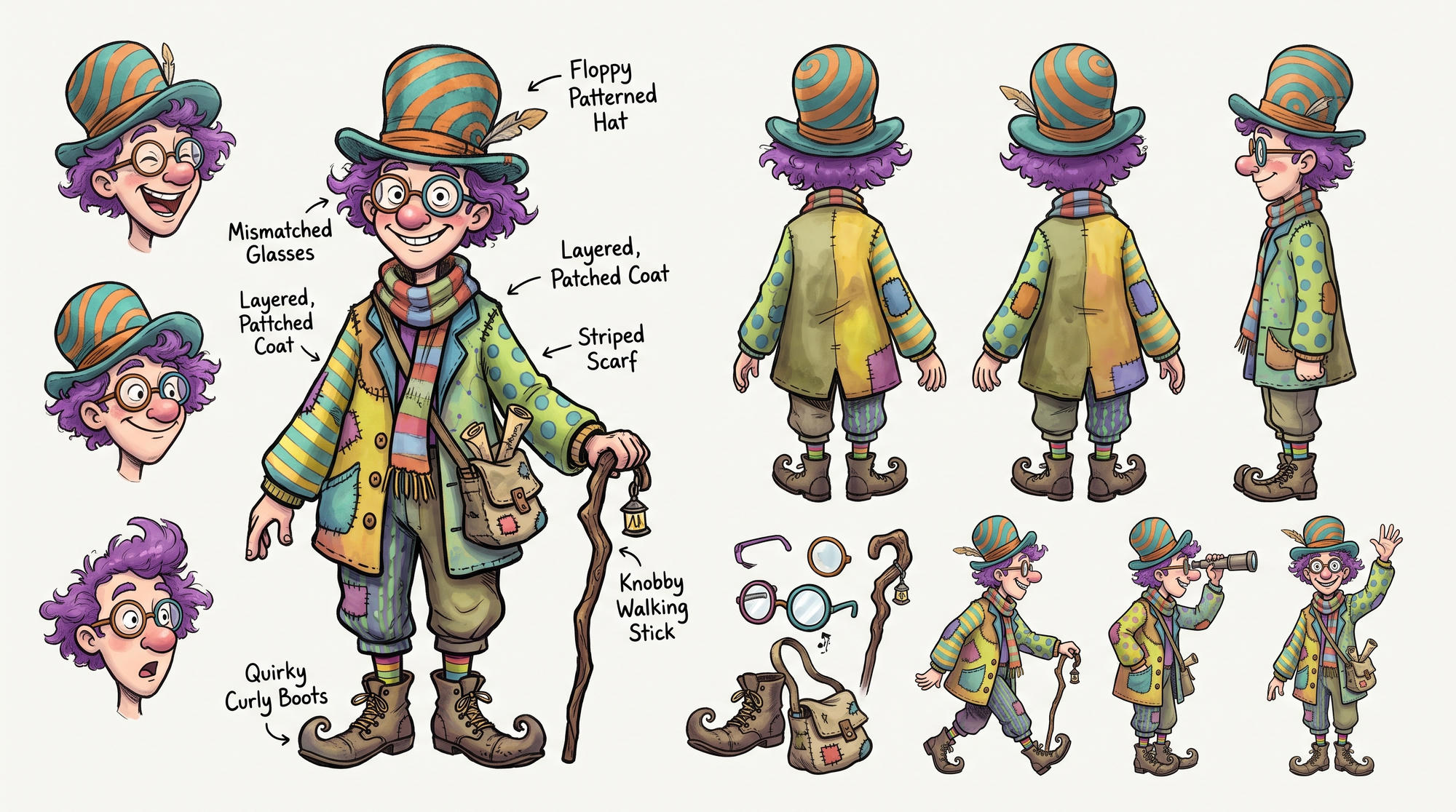 Character sheet of Mr. Wiggles showing him from the front, back and side, with close-ups of his glasses, boots, satchel and walking stick.